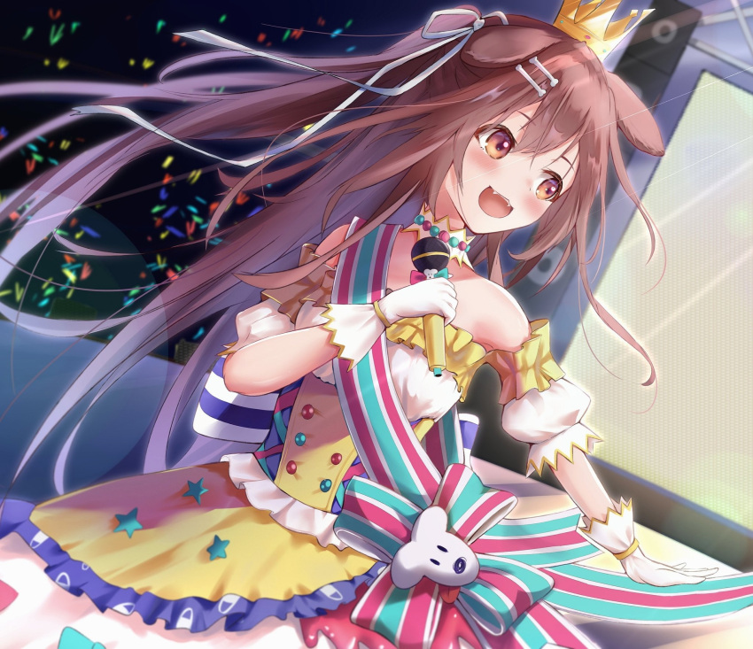1girl animal_ears bangs bare_shoulders blush breasts brown_eyes brown_hair commentary_request dog_ears dog_girl dress eyebrows_visible_through_hair fangs floating_hair gloves hair_between_eyes hair_ribbon highres holding holding_microphone hololive idol inugami_korone long_hair looking_away medium_breasts microphone monitor open_mouth ribbon sidelocks solo virtual_youtuber white_gloves wolfgang_(paul94104875) yellow_dress