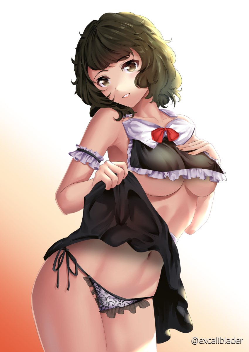 1girl artist_name black_hair black_skirt bow breasts brown_eyes clothes_lift cowboy_shot curly_hair excaliblader gradient gradient_background highres kawakami_sadayo lace-trimmed_panties lace_trim lingerie maid medium_breasts navel panties parted_lips persona persona_5 short_hair skirt skirt_lift solo twitter_username under_boob underwear