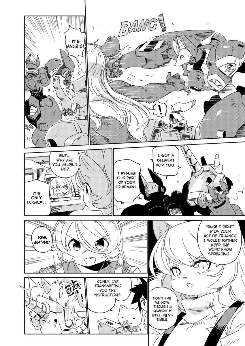 ! animal_ears cat_girl dog_boy eileen_coney_(shepherd0821) fighting greyscale hair_over_one_eye highres kaijuu kiki_(shepherd0821) laika_sputnik_(shepherd0821) mecha monochrome monster_girl mouse_girl multiple_girls original rabbit_ears rabbit_girl ratti_(shepherd0821) school_uniform shepherd0821