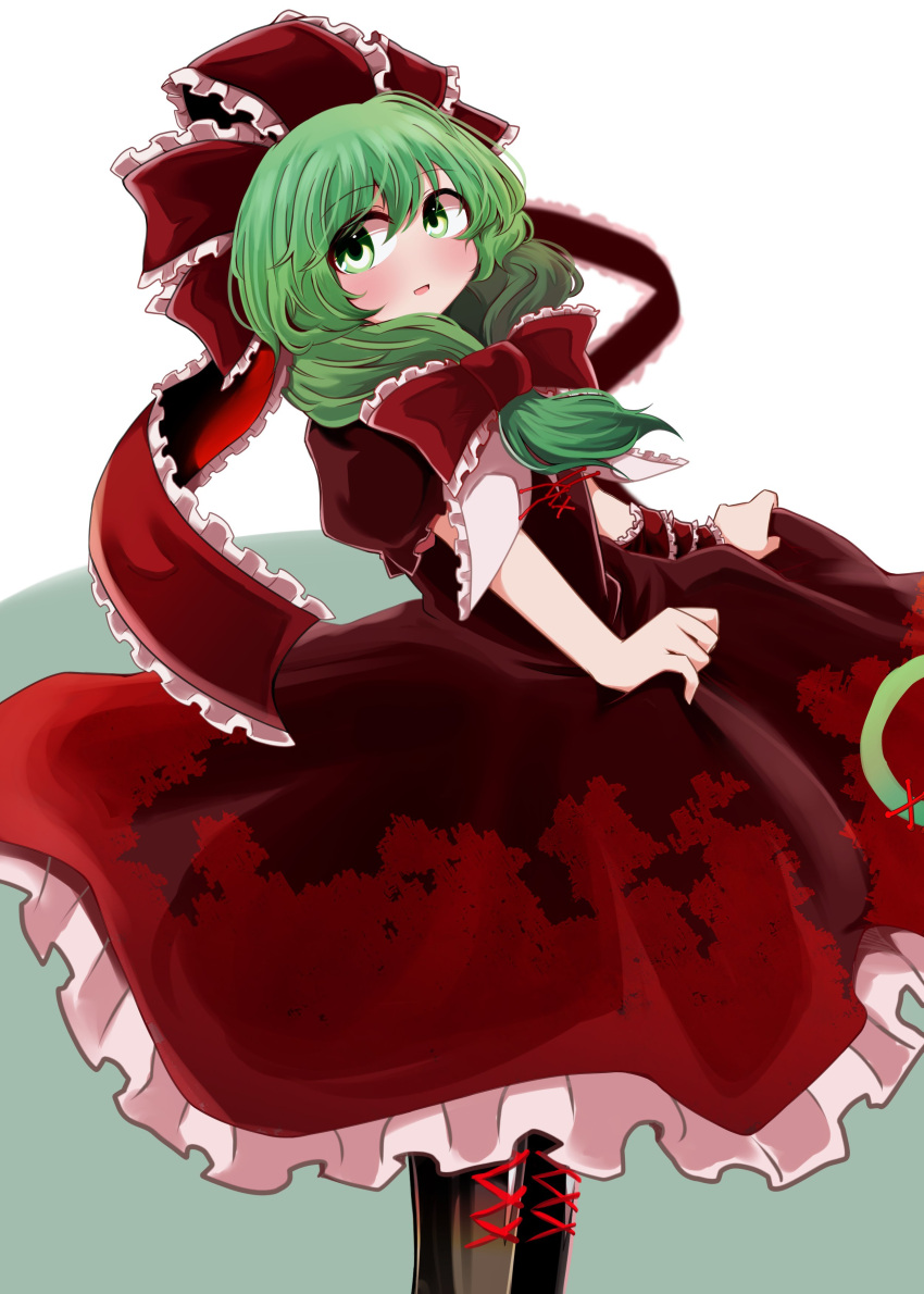 1girl absurdres bangs black_footwear bow cross-laced_clothes cross-laced_footwear dress eyebrows_visible_through_hair front_ponytail green_eyes green_hair hair_bow hair_ribbon highres holding holding_clothes holding_dress kagiyama_hina looking_at_viewer open_mouth red_bow red_dress red_ribbon ribbon short_sleeves smile solo standing touhou v_arms yasui_nori
