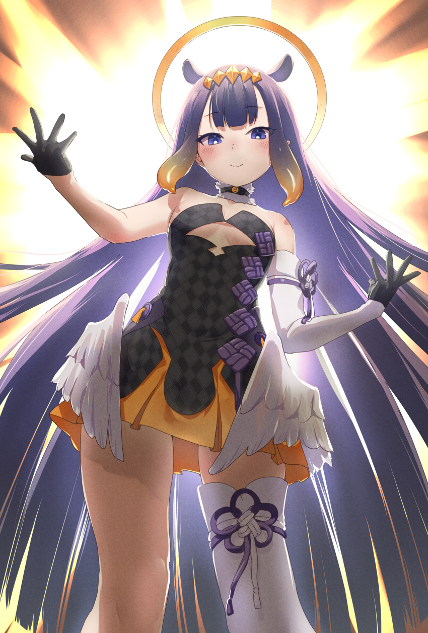 1girl absurdres animal_ears bangs bare_shoulders black_gloves breasts elbow_gloves eyebrows_visible_through_hair gloves halo highres hololive hololive_english huge_filesize kirisaki_shuusei long_hair looking_at_viewer ninomae_ina'nis purple_hair single_thighhigh small_breasts smile solo thigh-highs very_long_hair violet_eyes virtual_youtuber white_legwear