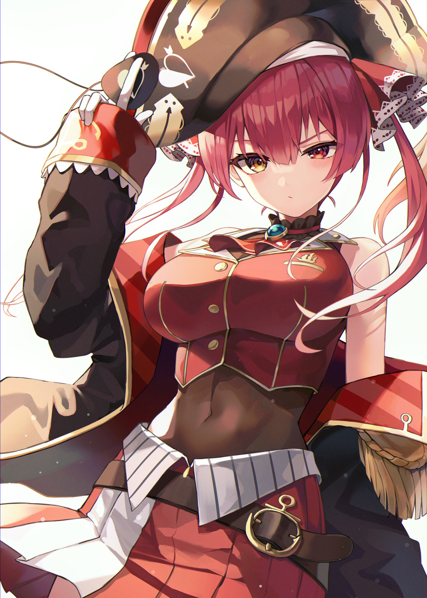 1girl bare_shoulders belt black_headwear bodystocking breasts covered_navel crop_top eyepatch eyepatch_removed hair_ornament hat heterochromia highres hololive houshou_marine jewelry large_breasts looking_at_viewer myung_yi off_shoulder pirate_hat red_eyes redhead two_side_up virtual_youtuber yellow_eyes