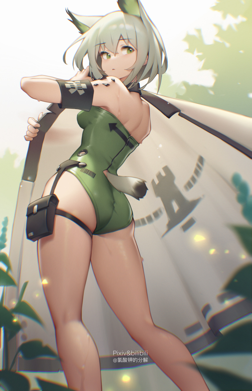 1girl absurdres animal_ears arknights armband ass back bare_shoulders belt_pouch bilibili_xiaolu black_choker breasts cape cat_ears cat_girl cat_tail choker from_behind green_eyes green_swimsuit highres huge_filesize kal'tsit_(arknights) long_legs looking_back one-piece_swimsuit oripathy_lesion_(arknights) pouch short_hair silver_hair skindentation small_breasts solo swimsuit tail thigh_strap thighs wet