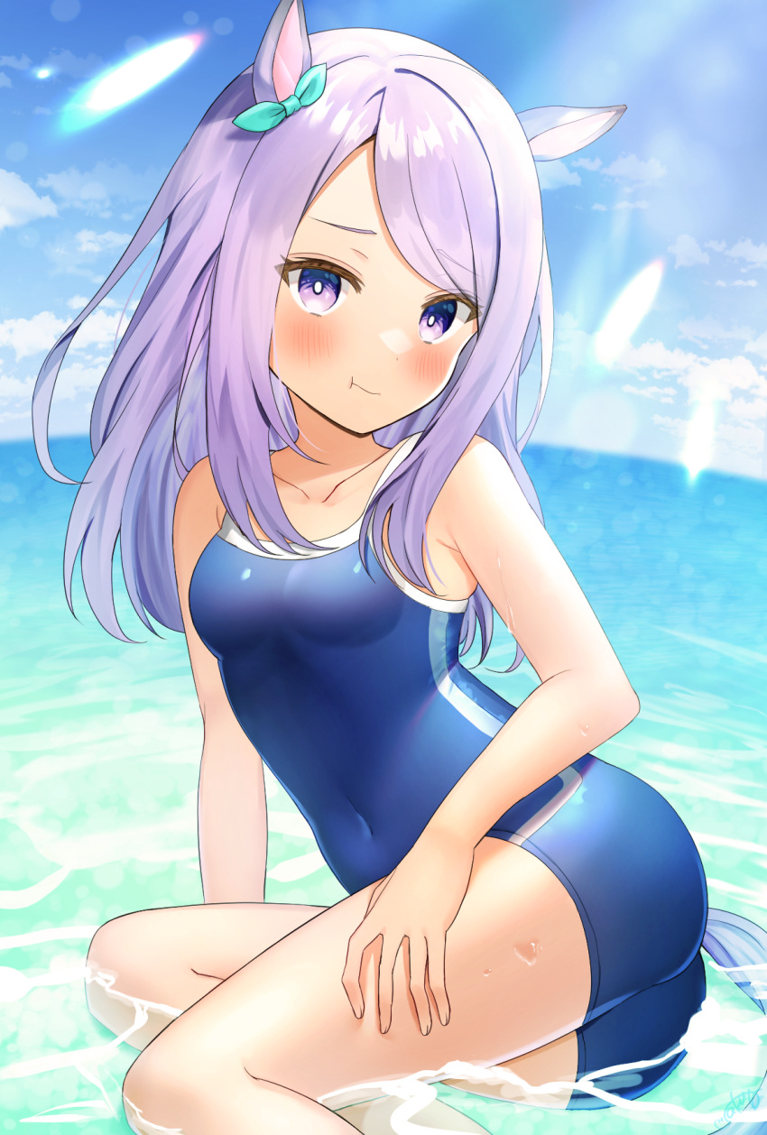 1girl animal_ears aqua_ribbon bare_arms bare_legs bare_shoulders blue_swimsuit blush closed_mouth collarbone day ear_ribbon eyebrows_visible_through_hair highres horse_ears horse_girl horse_tail long_hair looking_at_viewer mejiro_mcqueen_(umamusume) ocean one-piece_swimsuit purple_hair ribbon saki_usagi signature solo swimsuit tail umamusume violet_eyes