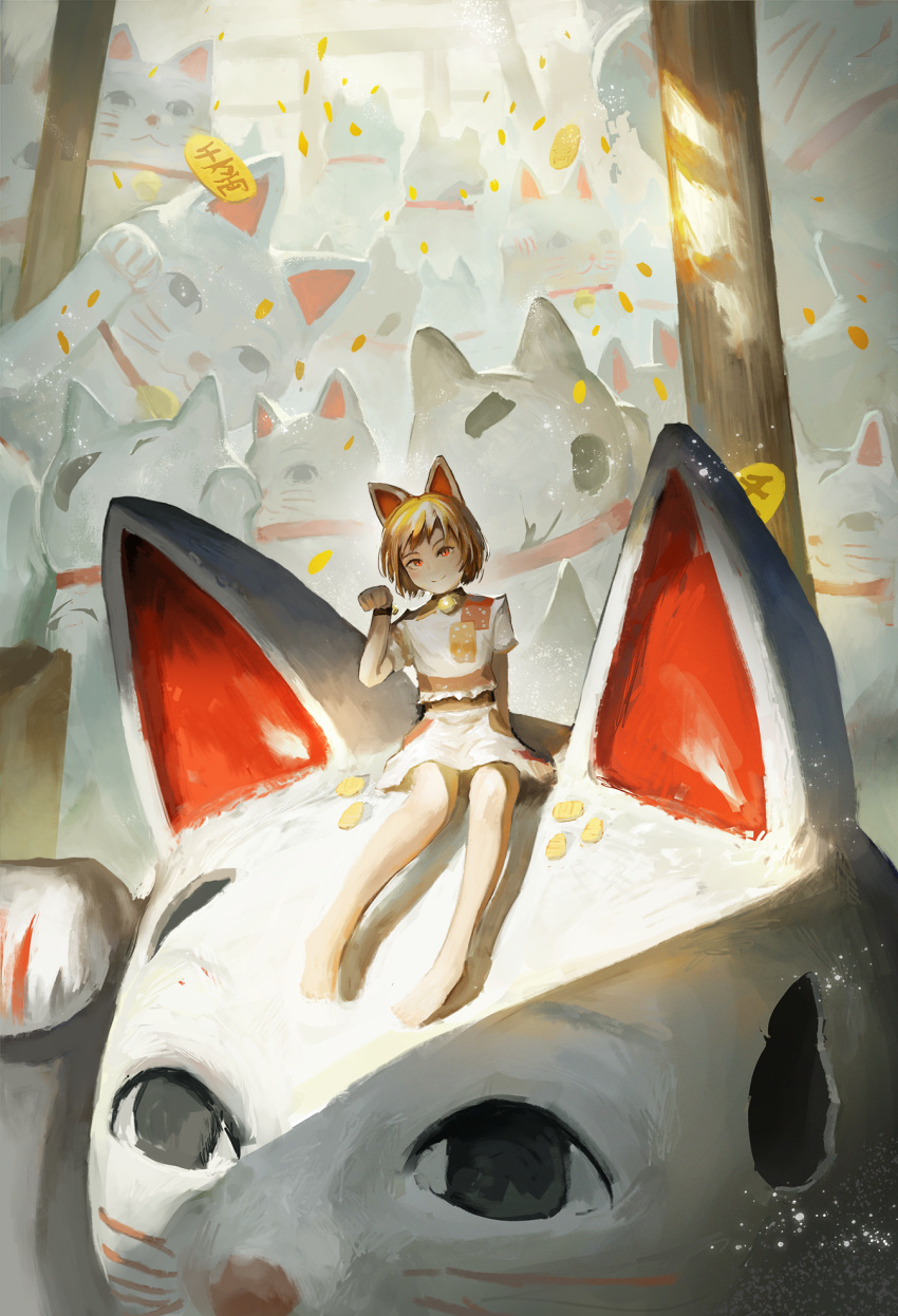 1girl animal_ears arm_up barefoot bell blonde_hair blurry blurry_background calico cat_ears cat_girl cat_tail coin commentary damaged fjsmu goutokuji_mike highres looking_at_viewer maneki-neko multicolored_hair neck_bell shirt short_hair short_sleeves sitting sitting_on_object skirt smile solo streaked_hair tail touhou very_short_hair white_shirt white_skirt
