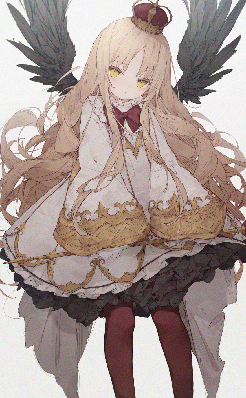 1girl bangs black_wings blonde_hair blush commentary crown dolphro-kun dress feathered_wings feet_out_of_frame frilled_dress frills highres holding holding_wand long_hair long_sleeves looking_at_viewer mini_crown original pantyhose red_legwear solo standing symbol_commentary very_long_hair wand white_background white_dress wide_sleeves wings yellow_eyes