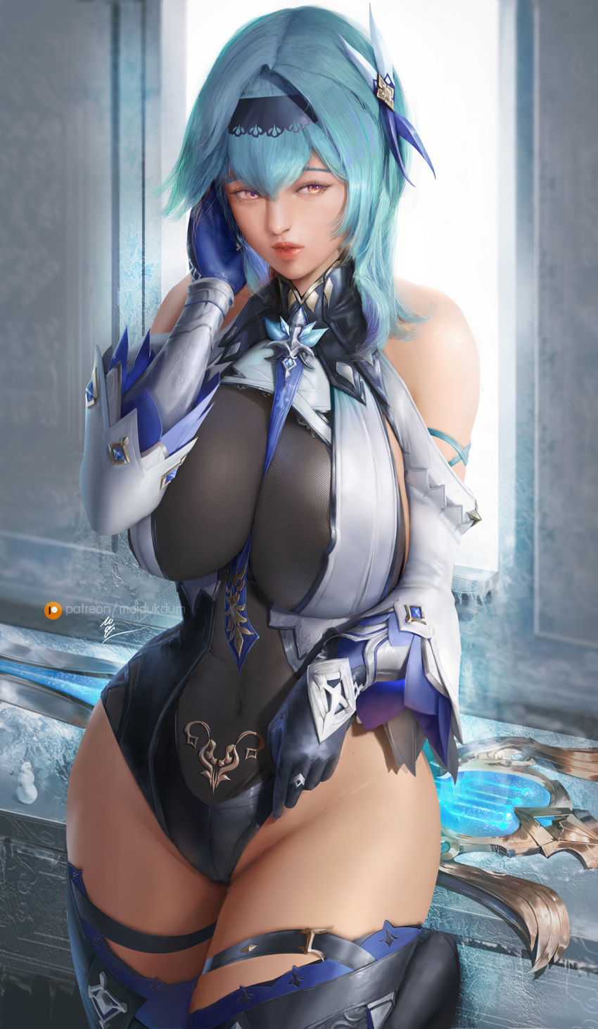1girl aqua_hair artist_name bangs bare_shoulders between_breasts blue_gloves blue_neckwear breasts commentary_request eula_lawrence genshin_impact gloves groin hair_between_eyes hair_ornament high_collar highres huge_breasts medium_hair mixed-language_commentary moi'dukdum necktie patreon_username skin_tight solo thai_commentary thick_thighs thighs