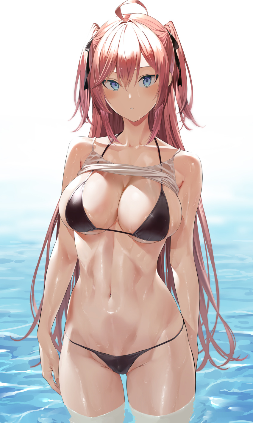 1girl ahoge bikini black_bikini blue_eyes breasts clothes_lift collarbone commentary_request cowboy_shot groin headband highres hiiragi_yuuichi large_breasts long_hair looking_at_viewer original redhead shirt_lift soaking_feet solo standing swimsuit two_side_up water wet
