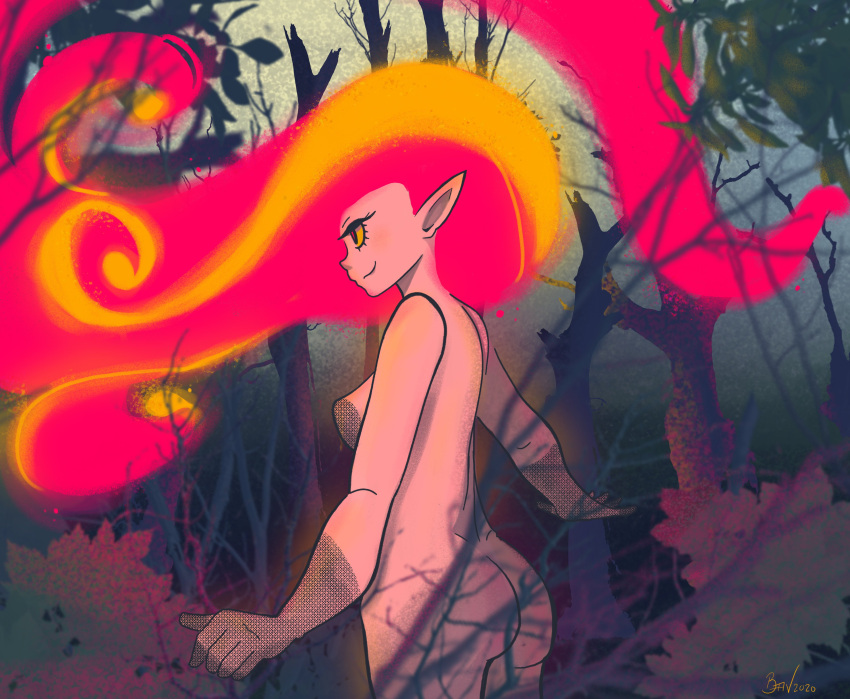 1girl absurdres ass blackantivenom borrowed_character brenna_(akairiot) colored_sclera colored_skin cowboy_shot fiery_hair highres original outdoors pink_skin plant pointy_ears profile red_eyes smile solo tree yellow_sclera