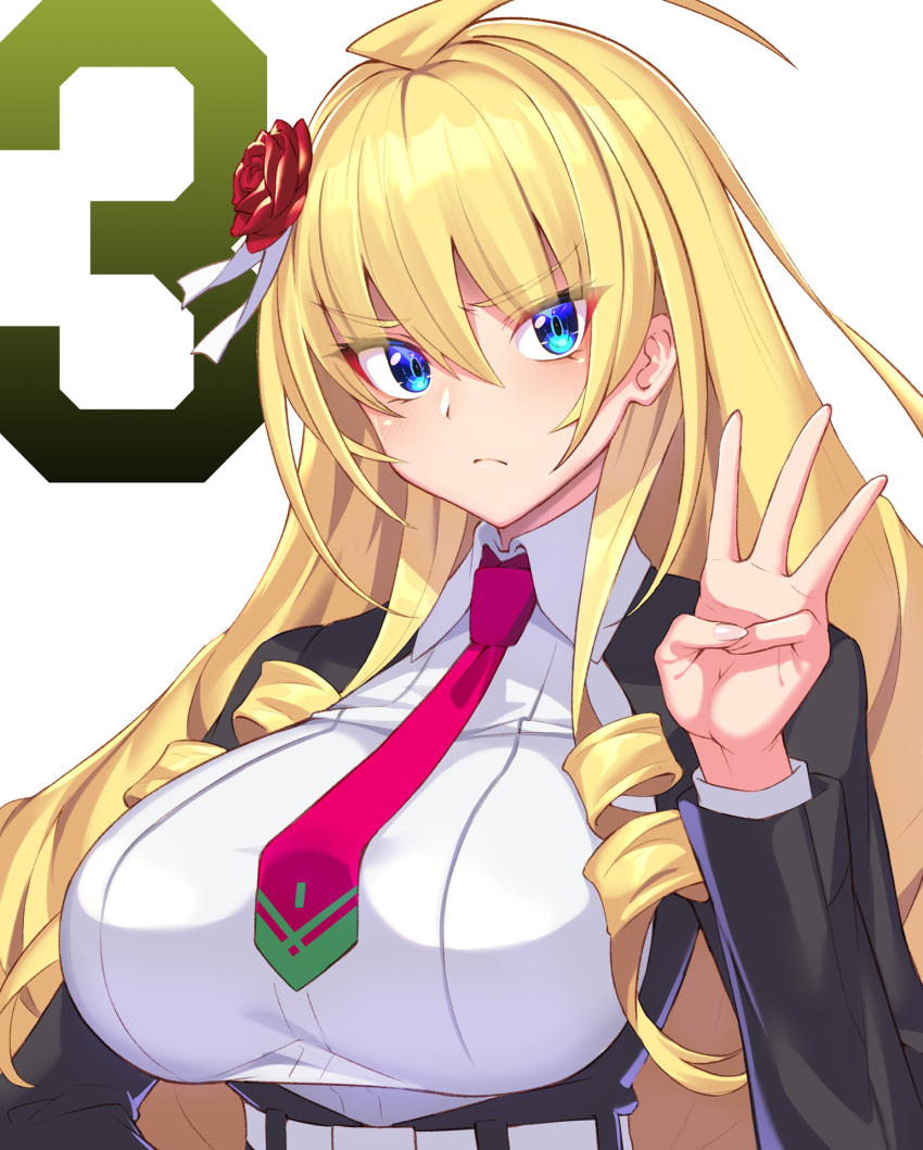 1girl ahoge black_jacket blonde_hair blue_eyes breasts closed_mouth collared_shirt dress_shirt drill_hair eyebrows_visible_through_hair flower frown hair_flower hair_ornament hand_on_hip hand_up highres huge_breasts jacket long_hair long_sleeves looking_at_viewer nadare-san_(nadare3nwm) necktie numbered official_art ore_wa_hoshi_ma_kokka_no_akutoku_ryoshu! red_neckwear rose shirt side_drill sidelocks simple_background tsurime twin_drills upper_body w white_background