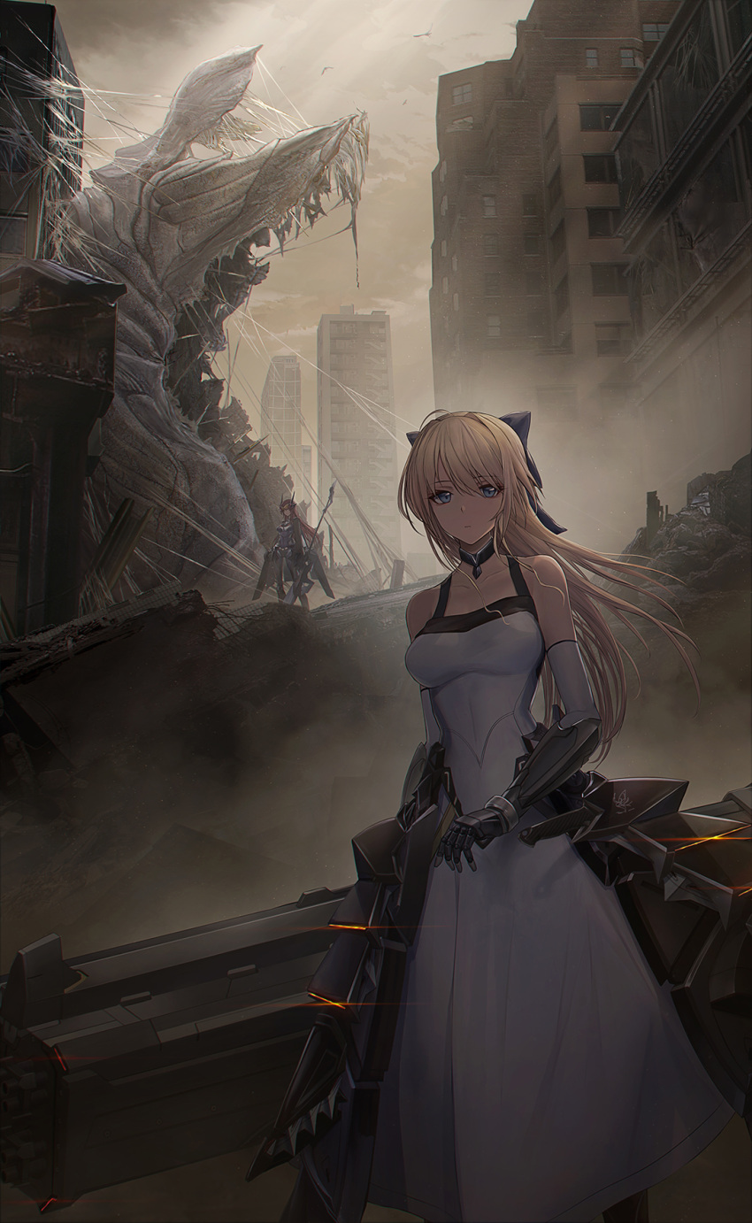 1girl bangs blonde_hair blue_eyes bow building detached_sleeves dress dust expressionless eyebrows_visible_through_hair feet_out_of_frame hair_bow highres holding holding_spear holding_weapon horns long_hair mecha_musume mechanical_hands monster morichika_shuuto original overcast polearm redhead rubble science_fiction spear weapon white_dress