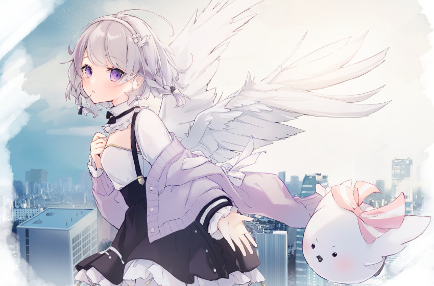 1girl ahoge bangs black_skirt blush braid cityscape commentary_request eyebrows_visible_through_hair feathered_wings frilled_sleeves frills grey_hair hairband highres jacket long_sleeves looking_at_viewer off_shoulder open_clothes open_jacket parted_lips purple_jacket shirt skirt skycolor_project sleeves_past_wrists solo suspender_skirt suspenders suzumori_uina twin_braids usuwa_suu violet_eyes virtual_youtuber white_hairband white_shirt white_wings wings