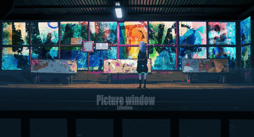 1girl absurdres bench black_coat black_legwear ceiling_light coat commentary_request facing_away from_behind graffiti highres indoors kneehighs lifeline_(a384079959) long_hair neon_trim original scenery solo standing white_hair wide_shot window