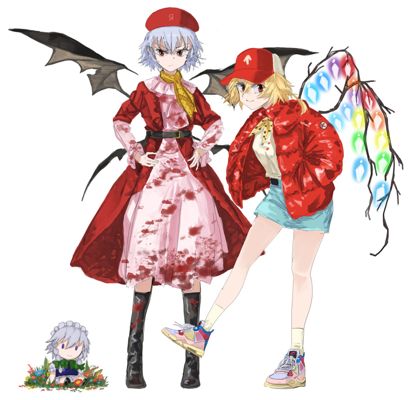 adapted_costume alternate_costume bat_wings belt beret blood bloody_clothes blouse blue_hair coat crystal denim denim_skirt doll dress flandre_scarlet flower grass hands_on_hips hat highres izayoi_sakuya jacket jichou_senshi leather_belt long_sleeves neckerchief open_clothes open_coat pink_dress red_coat red_eyes red_headwear red_jacket remilia_scarlet shoes short_hair skirt sneakers socks touhou white_headwear wings yellow_blouse yellow_neckwear