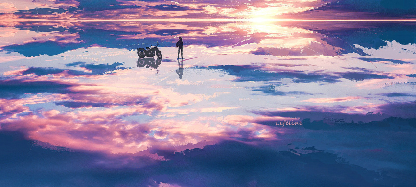 1girl clouds cloudy_sky day facing_away ground_vehicle highres horizon lifeline_(a384079959) motor_vehicle motorcycle multicolored multicolored_sky ocean original outdoors reflection scenery sky solo standing sun very_wide_shot water