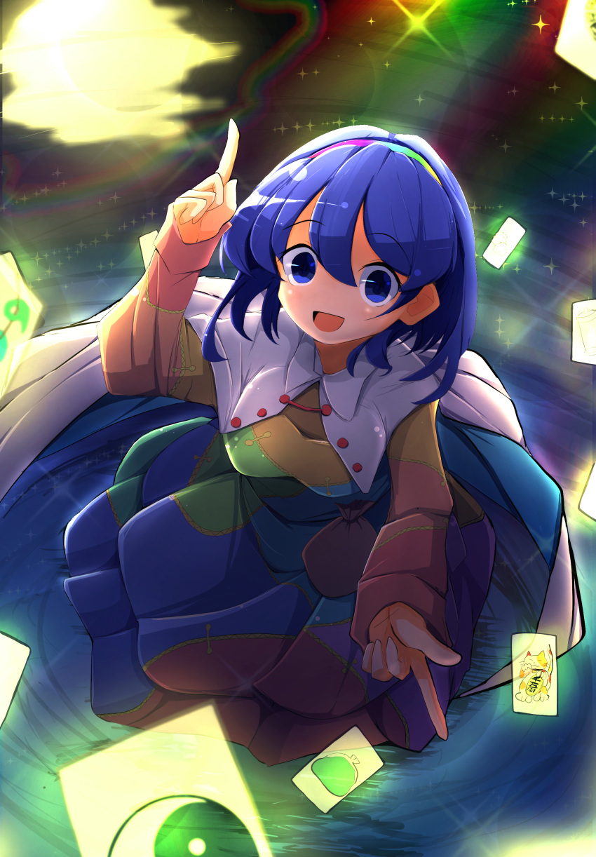 1girl absurdres blue_dress blue_eyes blue_hair cape card cloak collared_cape crazy_eyes dress frills from_above glowing goutokuji_mike green_dress hair_ornament hakurei_reimu hand_up headband headwear highres iizunamaru_megumu kirisame_marisa kudamaki_tsukasa long_sleeves looking_at_viewer maneki-neko moon multicolored multicolored_clothes nagaresimasu open_mouth orange_dress pointing pointing_down pointing_up purple_dress rainbow raised_eyebrows red_dress reflection reflective_water short_hair sleeve_cuffs smile solo sparkle standing standing_on_liquid string tamatsukuri_misumaru tenkyuu_chimata touhou unconnected_marketeers water wide-eyed yamashiro_takane yellow_dress