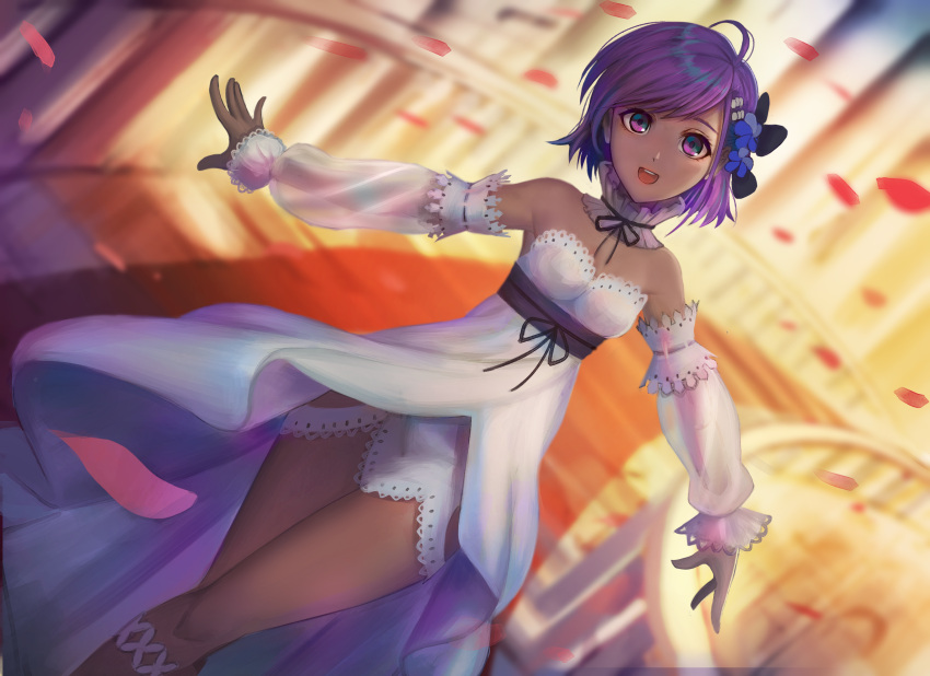 1girl :d bare_shoulders blush dark-skinned_female dark_skin detached_collar detached_sleeves dress dutch_angle fate/grand_order fate_(series) flower hair_flower hair_ornament hassan_of_serenity_(fate) highres long_dress looking_at_viewer lostroom_outfit_(fate) open_mouth outstretched_arms petals plottersky purple_hair see-through_sleeves short_hair smile solo spread_arms stairs stairwell violet_eyes white_dress