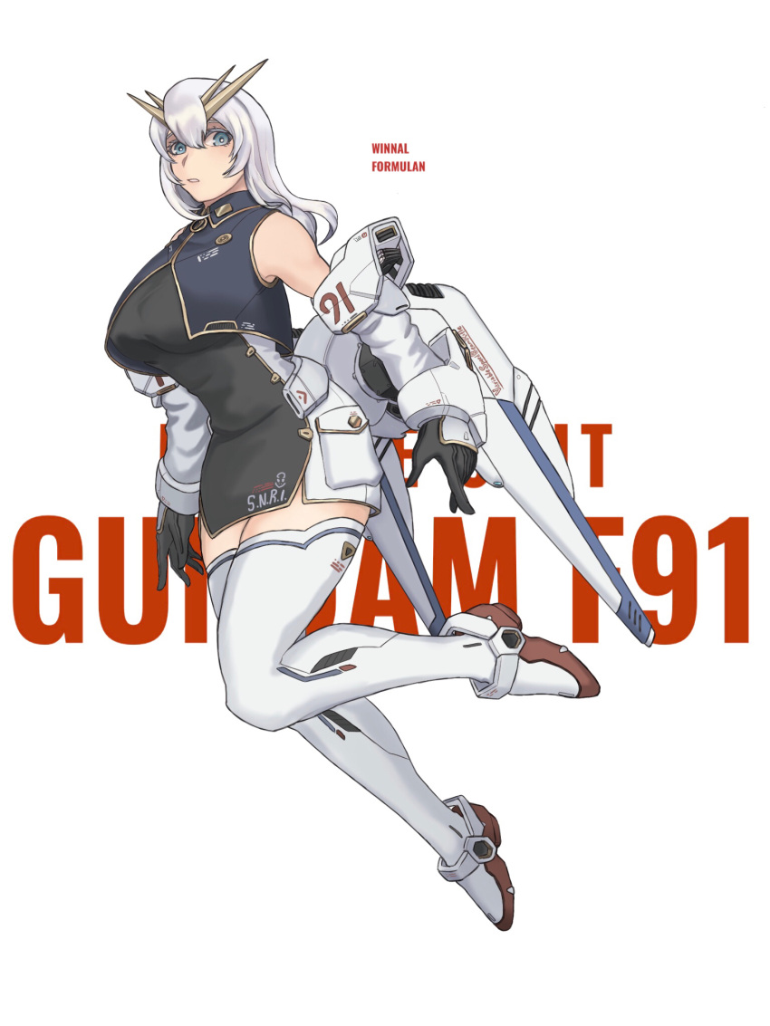 1girl black_dress black_gloves blush boots character_name chinese_commentary copyright_name dress f91_gundam floating gloves gundam gundam_f91 highres jinri_shijie mecha_musume open_hands parted_lips personification silver_hair solo thigh-highs thigh_boots v-fin white_background