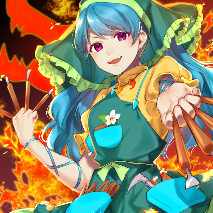 1girl apron bangs blue_hair brush dress eyebrows_visible_through_hair fire flower green_apron green_headwear green_scarf hands_up haniyasushin_keiki highres jill_07km long_hair looking_at_viewer open_mouth pink_eyes scarf short_sleeves smile solo touhou white_flower wily_beast_and_weakest_creature yellow_dress yellow_sleeves