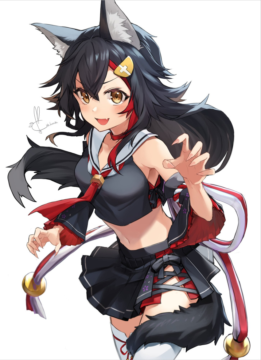 1girl animal_ears armpits bare_shoulders black_hair black_shirt black_skirt breasts choker claw_pose cowboy_shot crop_top detached_sleeves floating_hair hair_ornament highres hololive kito_koruta long_hair looking_at_viewer medium_breasts midriff miniskirt multicolored_hair navel necktie ookami_mio pleated_skirt red_choker sailor_collar shirt side_slit simple_background skirt solo standing stomach streaked_hair tail thigh-highs virtual_youtuber white_background white_legwear wolf_ears wolf_girl wolf_tail zettai_ryouiki
