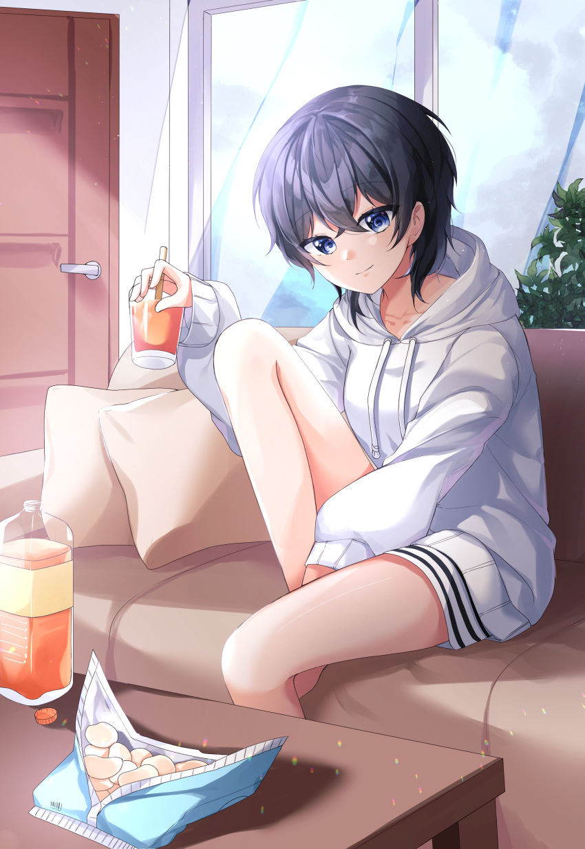 1girl absurdres black_hair blue_eyes blue_sky bottle chips closed_mouth clouds couch cup curtains food highres holding holding_cup hood hoodie indoors long_sleeves looking_at_viewer original pillow plant potato_chips reha_r_h short_hair sitting sky smile solo table white_hoodie window yokoyama_ishimi
