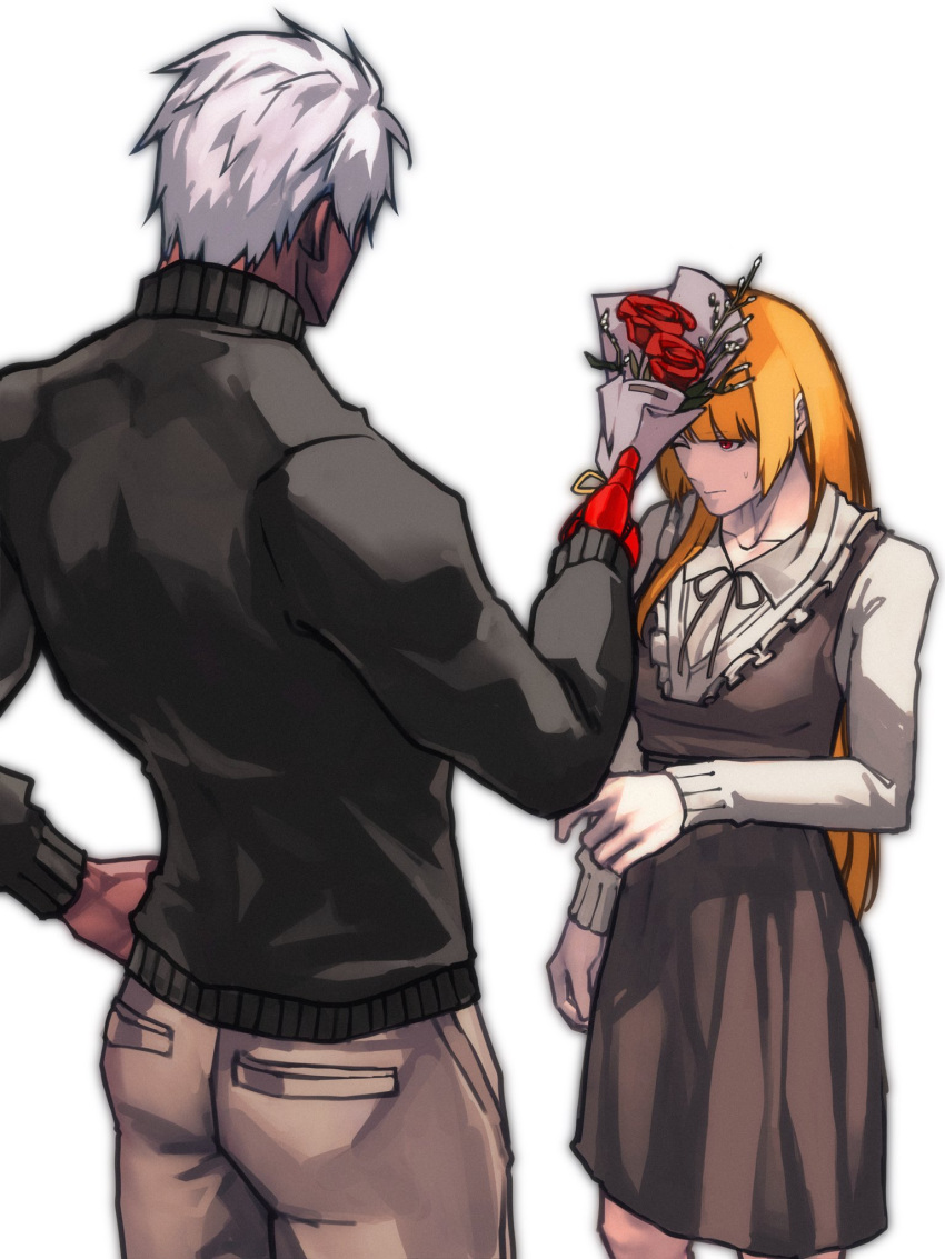 1boy 1girl blonde_hair bouquet dark-skinned_male dark_skin dress flower from_behind highres k' kula_diamond long_hair red_eyes sweater syachiiro the_king_of_fighters turtleneck turtleneck_sweater