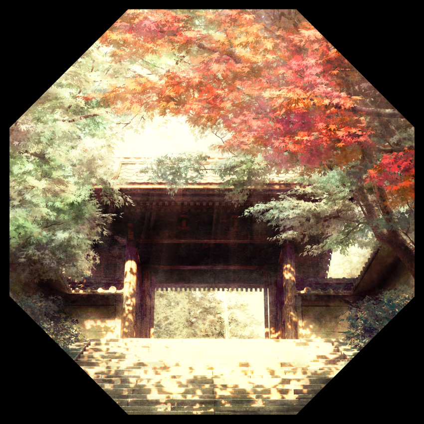 absurdres architecture autumn_leaves border commentary dappled_sunlight east_asian_architecture entrance gate highres hisamesy huge_filesize no_humans original pillar scenery stairs sunlight tile_roof tree
