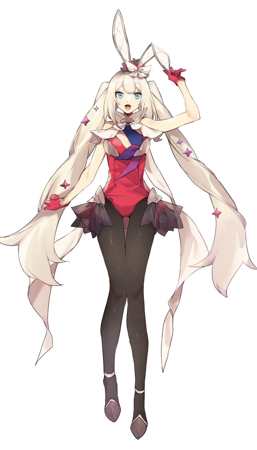 1girl absurdres adapted_costume animal_ears black_legwear blue_eyes breasts fake_animal_ears fate/grand_order fate_(series) full_body gloves hat highres leotard long_hair marie_antoinette_(fate) mini_hat no-kan pantyhose rabbit_ears red_gloves red_headwear red_leotard silver_hair small_breasts solo standing twintails very_long_hair