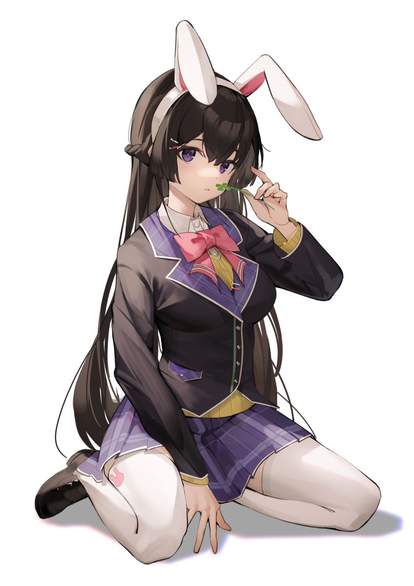 1girl absurdres animal_ears black_footwear black_hair bow bowtie breasts closed_mouth commentary_request fake_animal_ears hair_ornament highres kkj25 leaf long_hair long_sleeves looking_at_viewer maple_leaf medium_breasts nijisanji pink_neckwear plaid plaid_skirt purple_skirt rabbit_ears shoes simple_background sitting skirt solo thigh-highs tsukino_mito violet_eyes virtual_youtuber white_background white_legwear