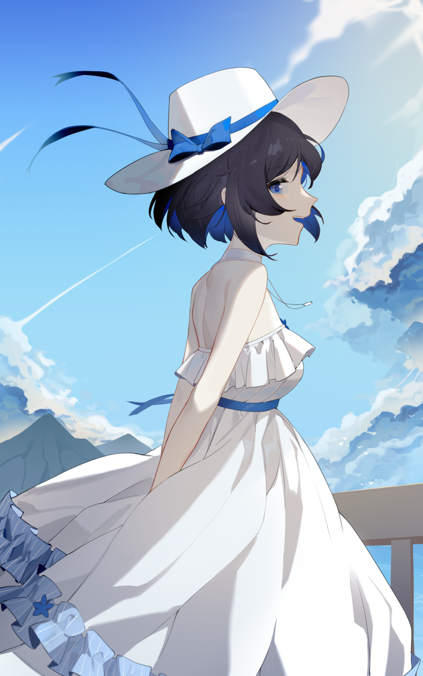1girl absurdres alternate_costume arms_behind_back bangs black_hair blue_eyes blue_hair blue_ribbon blue_sky clouds colored_inner_hair commentary_request condensation_trail cowboy_shot dress from_side hat hat_ribbon highres honkai_(series) honkai_impact_3rd kuo_(kuo114514) multicolored_hair neck_ribbon open_mouth outdoors profile railing ribbon seele_vollerei short_hair sky sleeveless sleeveless_dress smile solo sun_hat sundress upper_teeth white_dress white_headwear white_neckwear
