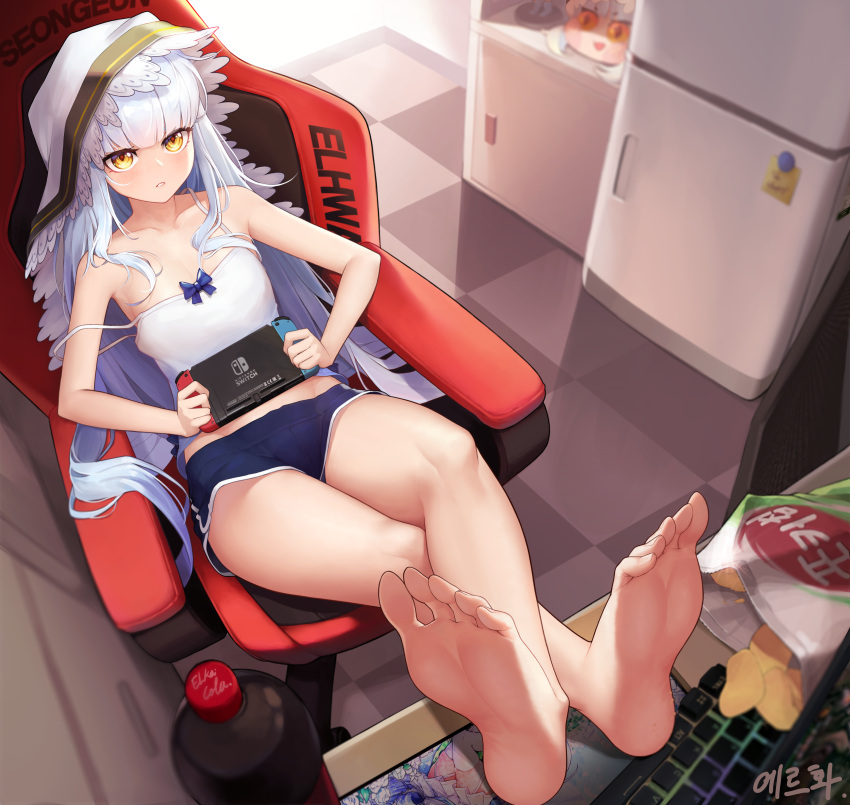 1girl absurdres bare_legs bare_shoulders barefoot blue_hair blue_shorts blush bottle camisole chair character_request checkered checkered_floor chips commentary commission feet food foreshortening full_body gaming_chair handheld_game_console highres holding holding_handheld_game_console indoors long_hair looking_at_viewer nintendo_switch potato_chips rkfjfjf119 shorts sitting soles solo strap_slip toes unleashed very_long_hair yellow_eyes