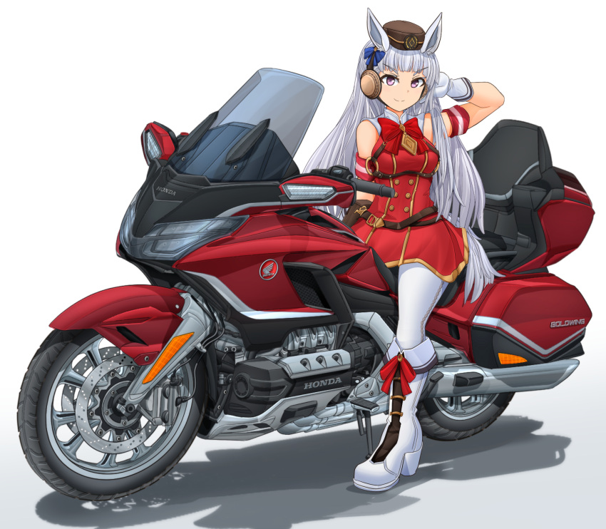 1girl animal_ears boots dress gloves gold_ship_(umamusume) ground_vehicle highres honda honda_goldwing horse_ears horse_girl horse_tail mikeran_(mikelan) motor_vehicle motorcycle red_dress red_ribbon ribbon shadow tail umamusume violet_eyes white_footwear white_gloves white_hair white_legwear