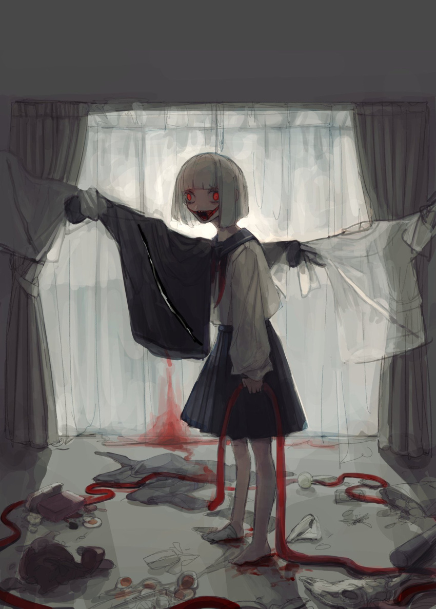 1girl blood blue_skirt curtains from_side grey_hair highres holding indoors long_sleeves looking_at_viewer no_shoes organs original pale_skin pantyhose pleated_skirt puffy_sleeves red_eyes sailor_collar sharp_teeth shirt shirt_tucked_in shisoda_zombie skirt smile solo squinting standing teeth torn_clothes torn_shirt white_legwear white_shirt