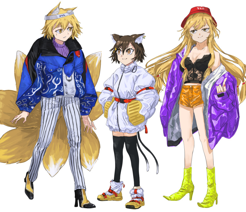 3girls adapted_costume alternate_costume animal_ear_fluff animal_ears belt black_footwear black_jacket black_stripes blonde_hair blue_jacket boots bra brown_eyes cat_ears chen contemporary down_jacket drip_(meme) fox_ears fox_tail hair_ribbon hat high_heels highres jacket jichou_senshi kitsune lace lace-trimmed_bra lace_trim long_hair midriff_peek multi-tied_hair multicolored multicolored_clothes multicolored_footwear multiple_girls multiple_tails orange_shorts pants purple_jacket purple_sweater red_belt red_headwear red_ribbon ribbon shoes short_hair shorts sneakers striped striped_pants sweater tail thigh-highs touhou turtleneck turtleneck_sweater underwear white_pants yakumo_ran yakumo_yukari yellow_eyes yellow_footwear