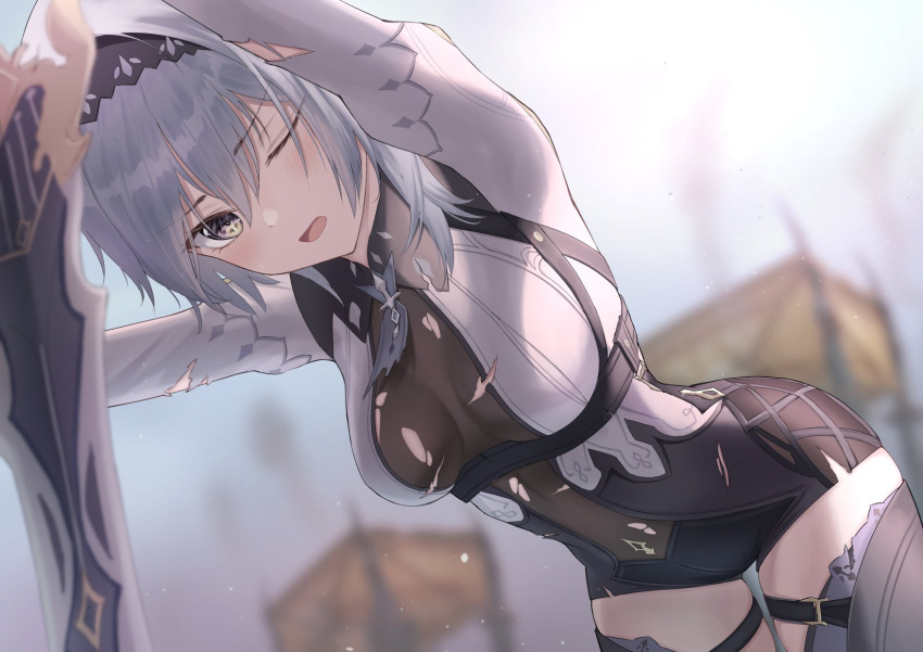 1girl arms_up bent_over black_legwear black_leotard blue_hair blurry breasts cowboy_shot depth_of_field eula_lawrence genshin_impact hair_over_shoulder hairband highres holding holding_sword holding_weapon juliet_sleeves leotard long_sleeves looking_at_viewer marinesnow medium_breasts medium_hair one_eye_closed open_mouth puffy_sleeves shirt solo standing sword thigh-highs thighs torn_clothes torn_leotard weapon white_shirt yellow_eyes