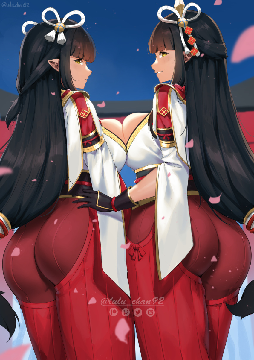 2girls absurdres ass black_hair blush breast_press breasts highres hime_cut hinoa japanese_clothes large_breasts long_hair lulu-chan92 minoto monster_hunter_(series) monster_hunter_rise multiple_girls pointy_ears siblings symmetrical_docking twins very_long_hair yellow_eyes