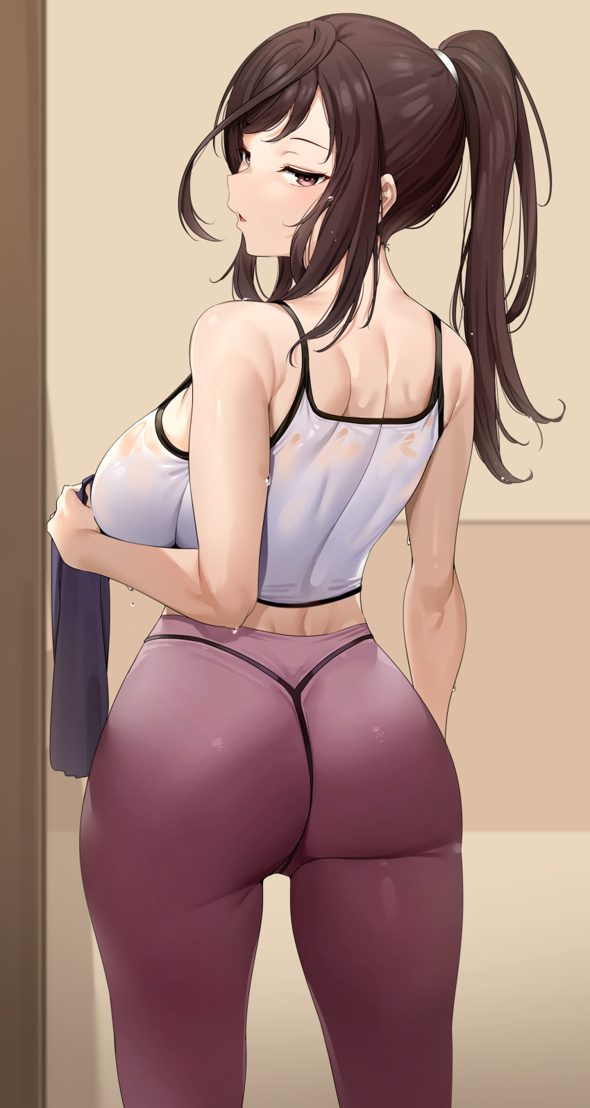 1girl absurdres ass bangs breasts brown_eyes brown_hair character_request crop_top from_behind highres holding holding_towel large_breasts medium_hair pants ponytail sidelocks solo sweat tem10 thong towel yoga_pants