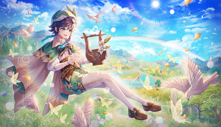 1boy androgynous animal argyle argyle_legwear bangs beret bird black_hair blue_hair bow braid brooch bug butterfly cape clouds cloudy_sky collared_cape collared_shirt corset day feathers floating flower frilled_sleeves frills gem genshin_impact gradient_hair grass green_eyes green_headwear green_shorts hair_flower hair_ornament hat hayun highres holding holding_instrument insect instrument jewelry leaf long_sleeves lyre male_focus mountainous_horizon multicolored_hair open_mouth outdoors pantyhose petals pinwheel pond rainbow shirt shoes short_hair_with_long_locks shorts sky smile solo sun symbol_commentary tree twin_braids venti_(genshin_impact) vision_(genshin_impact) water white_flower white_legwear white_shirt