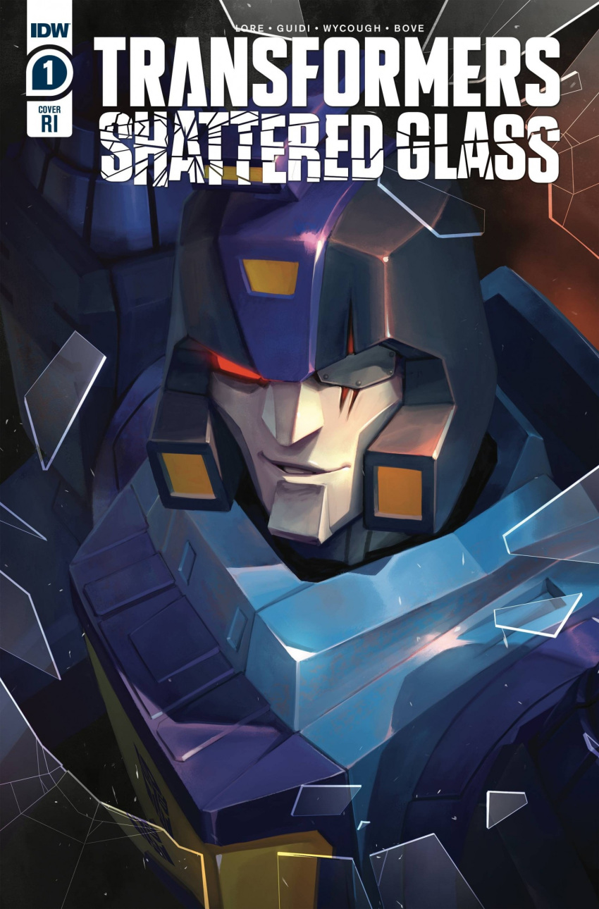 1boy absurdres autobot blurr broken_glass comic_cover copyright_name cover cover_page glass highres logo mecha no_humans official_art one_eye_covered parted_lips red_eyes sara_p-d scar scar_across_eye science_fiction solo the_transformers_(idw) transformers transformers_shattered_glass