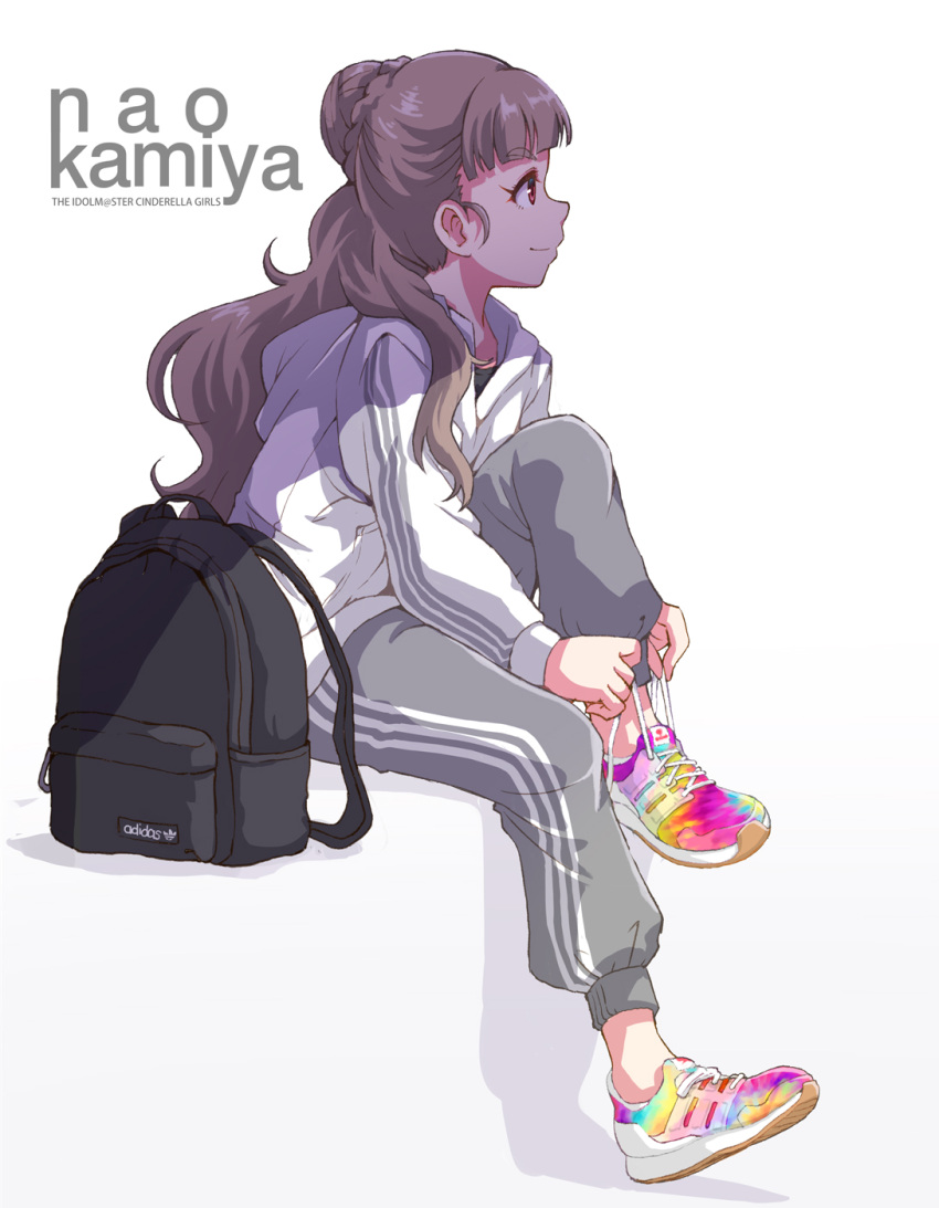 1girl adidas bag bangs blunt_bangs bookbag braid braided_bun brown_hair character_name copyright_name from_side hair_bun highres idolmaster idolmaster_cinderella_girls invisible_chair jacket kamiya_nao knee_up long_hair pants red_eyes satomura_kyou shoelaces shoes simple_background sitting smile sneakers solo thick_eyebrows track_jacket track_pants track_suit tying_footwear white_background