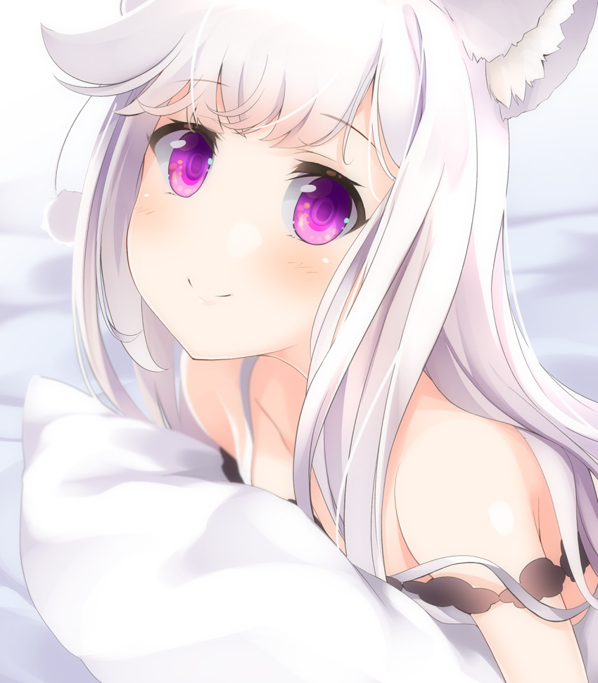 1girl animal_ear_fluff animal_ears animare bangs bare_shoulders bed_sheet blurry blurry_background breasts closed_mouth collarbone depth_of_field eyebrows_visible_through_hair highres long_hair lying on_stomach pillow sch shiromiya_mimi small_breasts smile solo strap_slip violet_eyes virtual_youtuber white_hair