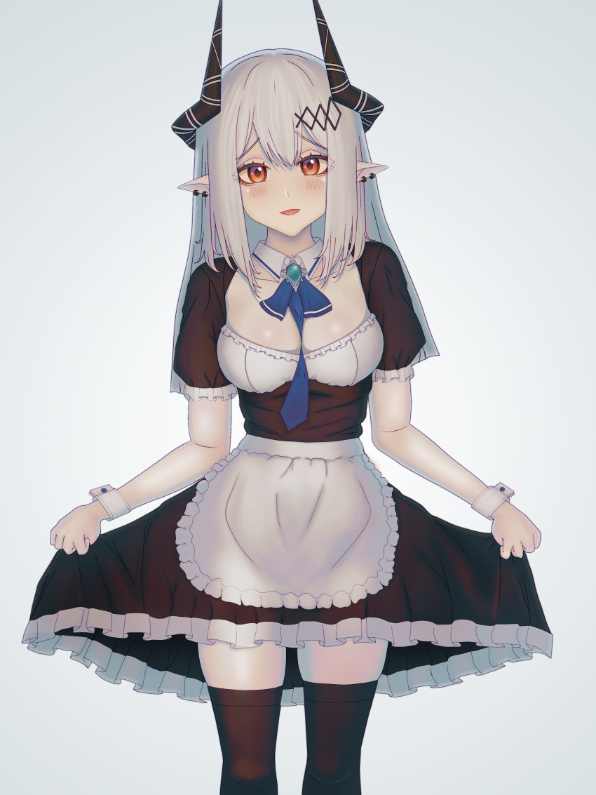 1girl absurd_fox absurdres arknights bangs bare_arms black_stockings breasts highres horns maid maid_dress mudrock_(arknights) pointy_ears red_eyes silver_hair solo stockings white_background