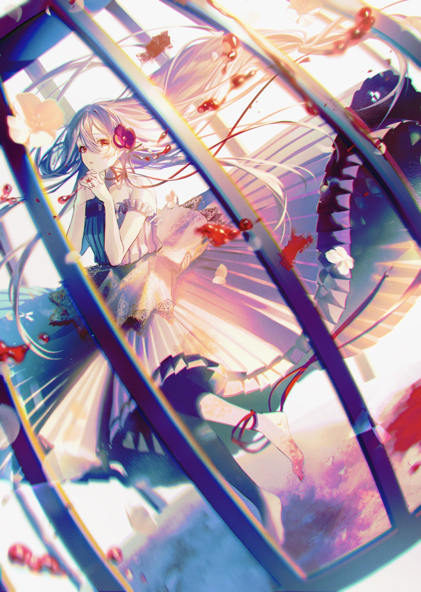 1girl absurdres bangs barefoot birdcage blood blood_stain blurry cage choker chromatic_aberration closed_eyes closed_mouth commentary dress floating_hair flower frills full_body hair_between_eyes hair_flower hair_ornament hands_clasped hands_up highres in_cage karonaru leg_up liquid long_hair looking_at_viewer original own_hands_together pleated_dress red_eyes red_flower red_ribbon ribbon ribbon_choker solo standing standing_on_one_leg white_dress white_flower white_hair