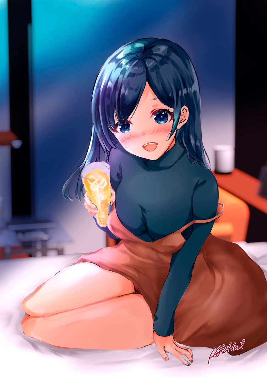 1girl absurdres bed blue_eyes blue_hair brown_dress commentary_request dress drunk glass green_sweater highres hokuna_rin kantai_collection long_hair looking_at_viewer official_alternate_costume signature sitting solo souryuu_(kancolle) strap_slip sweater yokozuwari