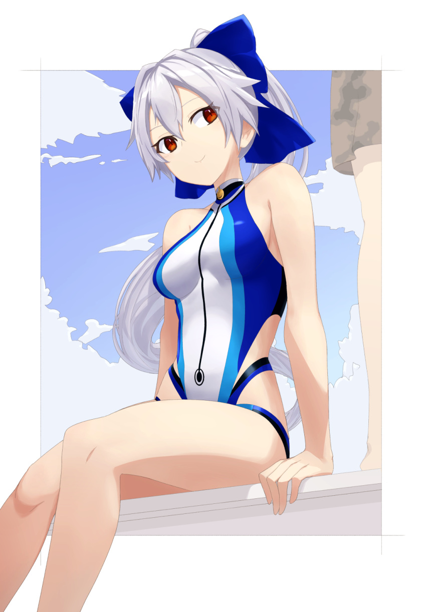 1boy 1girl bare_shoulders blue_swimsuit border breasts commentary_request competition_swimsuit fate/grand_order fate_(series) hair_between_eyes head_tilt highleg highleg_swimsuit highres knightsaru long_hair multicolored multicolored_clothes multicolored_swimsuit one-piece_swimsuit ponytail red_eyes silver_hair sitting small_breasts smile solo_focus swimsuit tomoe_gozen_(fate) tomoe_gozen_(swimsuit_saber)_(fate) very_long_hair white_border white_swimsuit