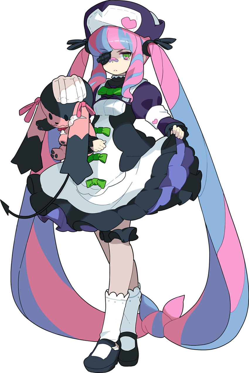 1girl :&lt; absurdly_long_hair armband artist_request bags_under_eyes bandaid bandaid_on_nose bangs black_footwear black_ribbon blue_hair bow bowtie breasts closed_mouth dorothea_(world_flipper) dress eyebrows_visible_through_hair eyepatch frilled_dress frills full_body green_bow green_eyes green_neckwear hair_ribbon hair_rings hat heart highres holding holding_clothes holding_dress holding_stuffed_toy juliet_sleeves leg_garter long_hair long_sleeves looking_at_viewer mary_janes multicolored_hair non-web_source official_art pink_hair puffy_sleeves purple_headwear purple_sleeves raglan_sleeves ribbon shiny shiny_hair shoes sidelocks small_breasts socks solo standing stuffed_animal stuffed_bunny stuffed_toy stuffing transparent_background twintails two-tone_hair v-shaped_eyebrows very_long_hair white_legwear world_flipper