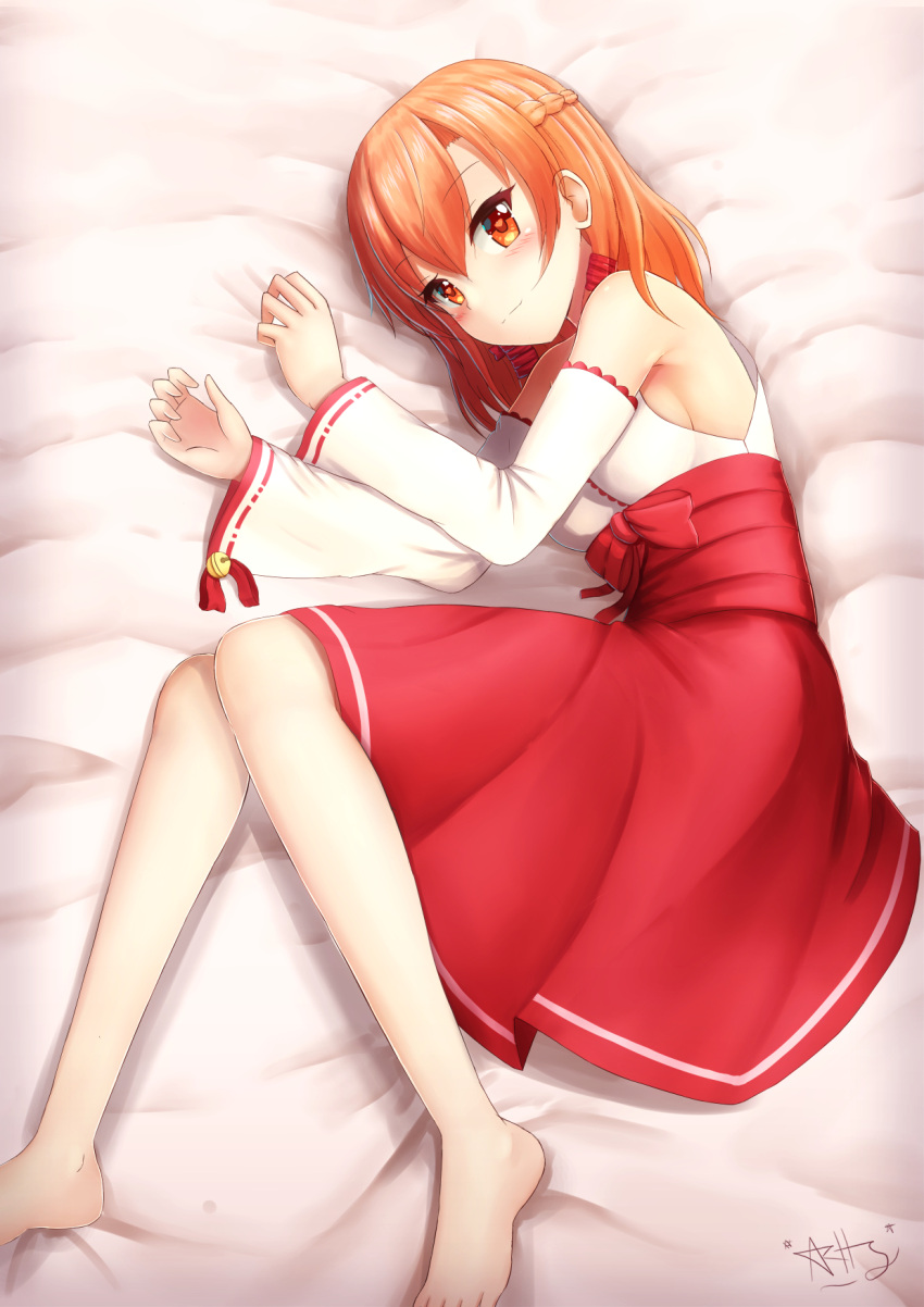 1girl bangs barefoot bed_sheet bell blush braid breasts closed_mouth commentary commission detached_sleeves english_commentary eyebrows_visible_through_hair hair_between_eyes hands_up highres japanese_clothes jingle_bell kimono long_sleeves looking_at_viewer lying medium_breasts on_side orange_eyes orange_hair original prophosphere red_skirt signature skirt sleeveless sleeveless_kimono smile solo white_kimono white_sleeves