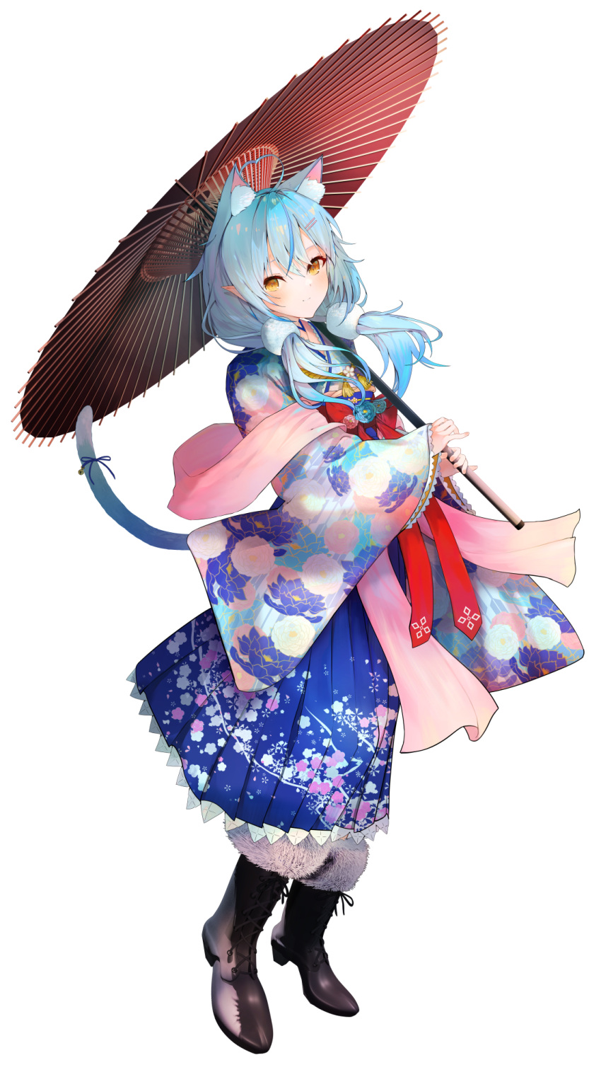 1girl animal_ear_fluff animal_ears bangs blue_hair boots bow cat_ears cat_girl cat_tail elf floral_print fur-trimmed_boots fur_trim hair_ornament hairclip hakama highres hinata_(hinata-ur) holding holding_umbrella hololive japanese_clothes kimono long_hair low_twintails oil-paper_umbrella pointy_ears print_kimono red_bow ribbon simple_background smile solo tail tail_ornament tail_ribbon twintails umbrella virtual_youtuber white_background yellow_eyes yukata yukihana_lamy