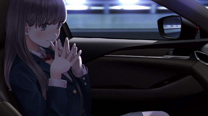 1girl blazer blue_jacket blurry blurry_background blush bow bowtie brown_eyes brown_hair car car_interior chikuwa_(odennabe) closed_mouth collared_shirt ground_vehicle hands_together highres interlocked_fingers jacket long_hair long_sleeves motor_vehicle original plaid plaid_skirt red_bow red_neckwear school_uniform shirt sitting skirt smile solo white_shirt