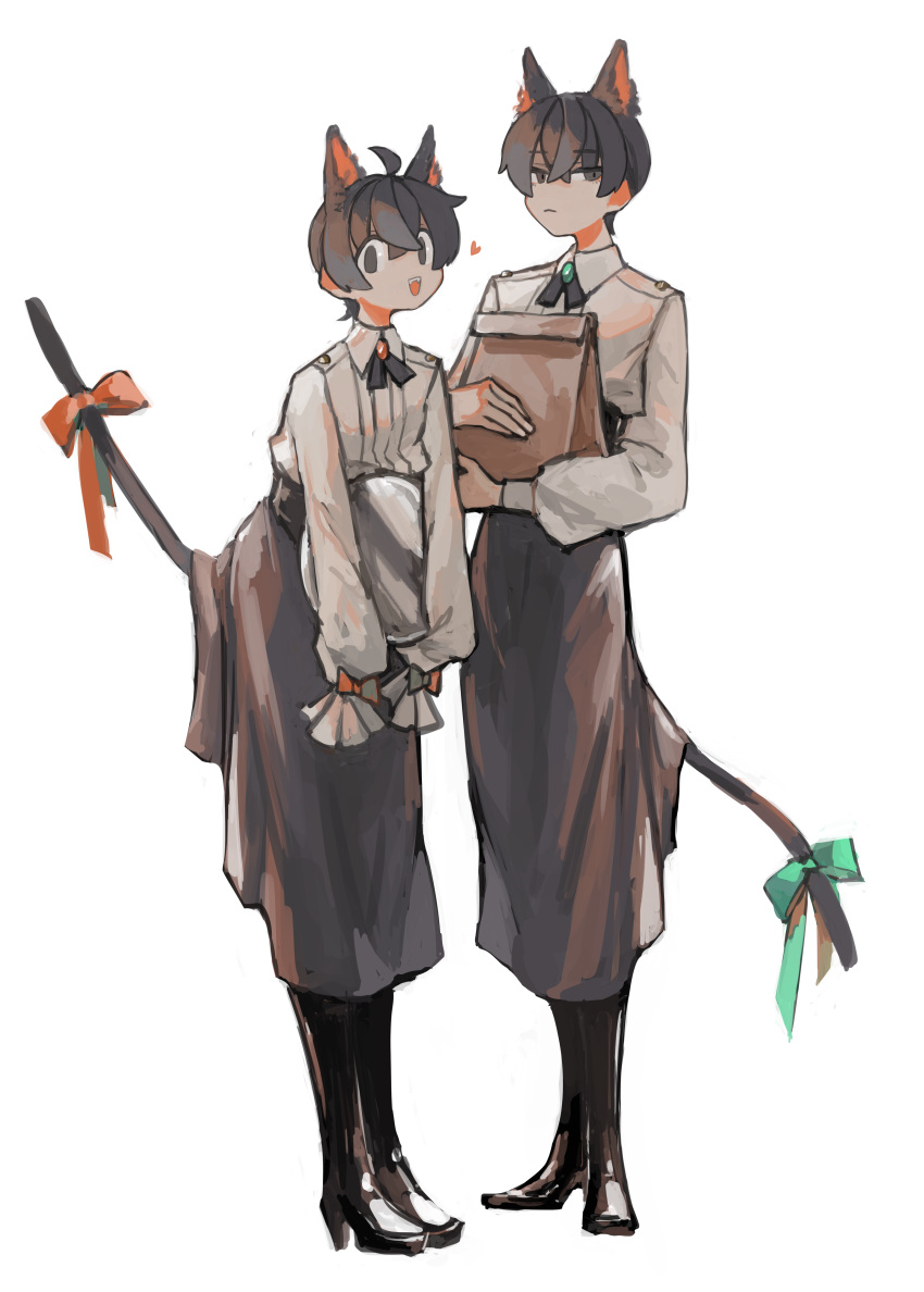 2boys :d absurdres ahoge animal_ears bag bangs black_footwear black_neckwear black_ribbon boots bow cat_boy cat_ears closed_mouth collared_shirt crossed_bangs eyebrows_visible_through_hair fatalbug896 full_body green_ribbon grey_eyes grey_hair heart high_heels highres holding holding_bag holding_tray leaning_forward long_sleeves looking_at_viewer male_focus multiple_boys neck_ribbon open_mouth orange_bow orange_ribbon original paper_bag puffy_long_sleeves puffy_sleeves ribbon shirt short_hair sleeves_past_fingers sleeves_past_wrists slit_pupils smile solo standing tail tail_lift tail_ornament tail_ribbon tray uniform waiter white_background